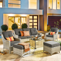 XIZZI 6 Pieces Outdoor Patio Rattan Wicker Furniture Sofa Set with Solar Coffee Table,Black