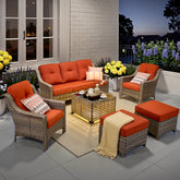 XIZZI 6 Pieces Outdoor Patio Rattan Wicker Furniture Sofa Set with Solar Coffee Table,Orange