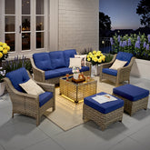 XIZZI 6 Pieces Outdoor Patio Rattan Wicker Furniture Sofa Set with Solar Coffee Table,Blue