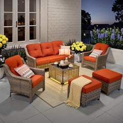 XIZZI 6 Pieces Outdoor Patio Rattan Wicker Furniture Sofa Set with Solar Coffee Table,Orange
