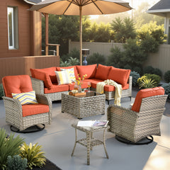 XIZZI 8 Pieces Wicker Patio Furniture with Swivel Rocking Chair Rattan Outdoor Conversation Set Patio Sectionals Set with Glowing Coffee Table for Porch, Coarse Orange Red