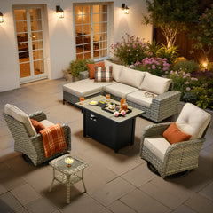 XIZZI Patio Furniture Outdoor Conversation Set with Wide Armrests, Wicker Rattan Patio Outdoor sectional with Firepit Table and Swivel Rocking Chair, Beige