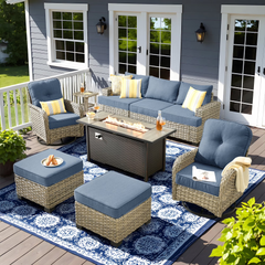 XIZZI Wicker Patio Furniture 9 Pieces Rattan Outdoor Conversation Set Denim Blue