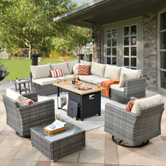 XIZZI Outdoor Furniture Wicker 11-piece Sectional Set with Swivel Rocking Chair and Fire Pit Table,Beige
