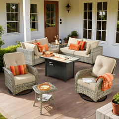 9-Piece Outdoor Patio Furniture Set, High Back Wicker Sectional Beige