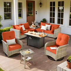 9-Piece Outdoor Patio Furniture Set, High Back Wicker Sectional Orange Red