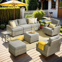 XIZZI 8 Pieces Outdoor Patio Furniture All Weather Rattan Conversation Set High Back Seating Set Modular Outside Sectional Sofa with Swivel Rocking Chairs for Porch,Dark Gray