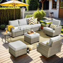 XIZZI 8 Pieces Outdoor Patio Furniture All Weather Rattan Conversation Set High Back Seating Set Modular Outside Sectional Sofa with Swivel Rocking Chairs for Porch,Gray