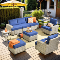 XIZZI 8 Pieces Outdoor Patio Furniture All Weather Rattan Conversation Set High Back Seating Set Modular Outside Sectional Sofa with Swivel Rocking Chairs for Porch,Navy Blue