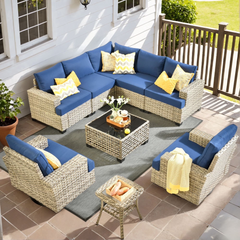 XIZZI Patio Furniture 9 Pieces All Weather Wicker Sectional Sofa Set Rattan Outdoor Conversation Set with Swivel Rocking Chairs for Garden, Navy Blue