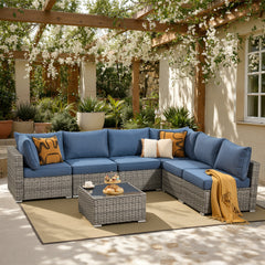 XIZZI 7-Piece Outdoor Sectional Furniture Sets, Wicker Patio Conversation Set Denim Blue