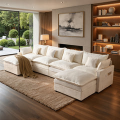 XIZZI 142.5 U-Shaped Modular Sectional Sofa with Double Ottomans, 4-seater Cloud Couch with Chenille Fabric, Dual Thick Cushions, Solid Wood Frame for Living Room-Beige