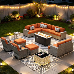 XIZZI 15-Piece Outdoor Patio Furniture Set with Fire Pit Table Swivel Rocking Chair, Wicker Outdoor Sectional with Ottoman & Solar Coffee Table for Garden, Large Villa Manor, Orange