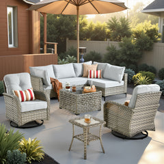 XIZZI 8 Pieces Wicker Patio Furniture with Swivel Rocking Chair Rattan Outdoor Conversation Set Patio Sectionals Set with Glowing Coffee Table for Porch, Gray