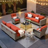 XIZZI 10 Pieces Wicker Patio Furniture with Swivel Rocking Chair Rattan Outdoor Conversation Set Coarse Orange Red