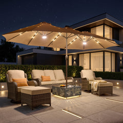 XIZZI 15ft Patio Umbrella with Base and Crank Handle, Extra Large Double-Sided Outdoor Umbrella with Warm Solar Lights, UV Resistant, Rectangle Garden Table Umbrellas Khaki