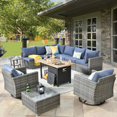 XIZZI Outdoor Furniture Wicker 11-piece Sectional Set with Swivel Rocking Chair and Fire Pit Table,Bright Blue
