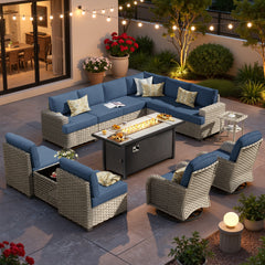 XIZZI Outdoor Furniture Patio Set with Fire Pit Table Swivel Rocking Chair, Wicker Outdoor Sectional Sofa