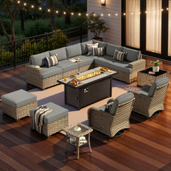 XIZZI 13-Piece Outdoor Patio Furniture Sets with Fire Pit Table Swivel Rocking Chairs, Wicker Outdoor Sectional Conversation Sets with Ottoman & Solar Coffee Table for Large Villa Manor, Dark Gray