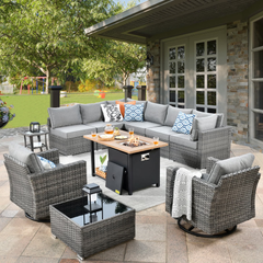 XIZZI Outdoor Furniture Wicker 11-piece Sectional Set with Swivel Rocking Chair and Fire Pit Table,Dark Grey