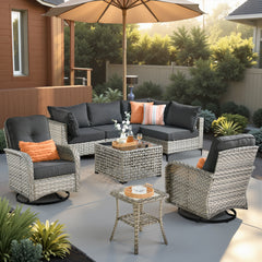 XIZZI 8 Pieces Wicker Patio Furniture with Swivel Rocking Chair Rattan Outdoor Conversation Set Patio Sectional Set with Glowing Coffee Table for Porch, Black