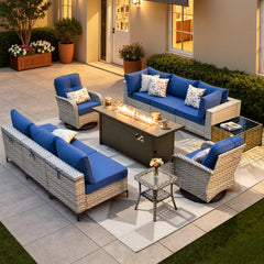 XIZZI 11 Pieces Outdoor Patio Furniture Set All-Weather Wicker Conversation Set Rattan Outside Sectional Sofa with Fire Pit Table & Swivel Rocking Chairs for Garden, Navy Blue