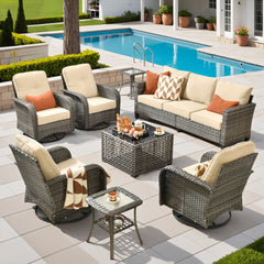 XIZZI 8-Piece Patio Furniture Set Outdoor Furniture with 4 Swivel Rocking Chairs, High-Back All-Weather Rattan Wicker Outdoor Conversation Set with Solar Light Coffee Table Beige