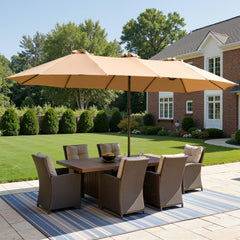 XIZZI 15ft Patio Umbrella with Base and Crank Handle, Extra Large Double-Sided Outdoor Umbrella with Waterproof, UV Resistant, Rectangle Garden Table Umbrellas Khaki