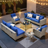 XIZZI 10 Pieces Wicker Patio Furniture with Swivel Rocking Chair Rattan Outdoor Conversation Set Blue