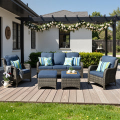 XIZZI 5-Piece Patio Furniture Sets Outdoor Furniture with Ottomans, High Back All-Weather PE Wicker Outdoor Conversation Set, 5-seater Denim Blue