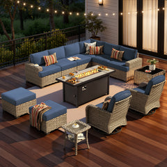 XIZZI 13-Piece Outdoor Patio Furniture Sets with Fire Pit Table Swivel Rocking Chairs, Wicker Outdoor Sectional Conversation Sets with Ottoman & Solar Coffee Table for Large Villa Manor, Denim Blue