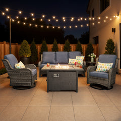 XIZZI 5-Piece Patio Furniture Sets Outdoor Furniture with Fire Pit Table and Swivel Rocking Chairs, High Back All-Weather PE Wicker Outdoor Conversation Set, 5-seater Denim Blue