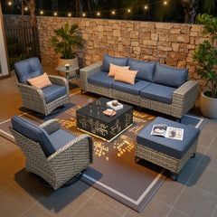 XIZZI Patio Furniture Sets Outdoor Sectional with Swivel Rocking Chairs, 8-Piece All Weather Wicker Outdoor Conversation Patio Sets with Wide Armrests, Denim Blue