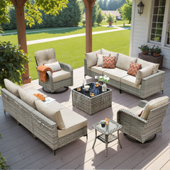 XIZZI 10 Pieces Wicker Patio Furniture with Swivel Rocking Chair Rattan Outdoor Conversation Set beige