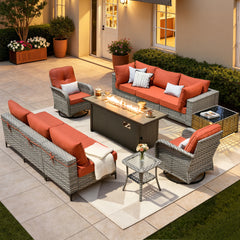 XIZZI 11 Pieces Outdoor Patio Furniture Set All-Weather Wicker Conversation Set Rattan Outside Sectional Sofa with Fire Pit Table & Swivel Rocking Chairs for Garden, Coarse Orange Red