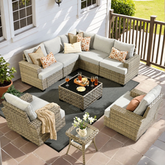 XIZZI Patio Furniture 9 Pieces All Weather Wicker Sectional Sofa Set Rattan Outdoor Conversation Set with Swivel Rocking Chairs for Garden, Gray