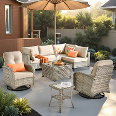 XIZZI 8 Pieces Wicker Patio Furniture with Swivel Rocking Chair Rattan Outdoor Conversation Set Patio Sectionals Set with Glowing Coffee Table for Porch, Beige