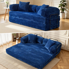 XIZZI 80.5" Convertible Sleeper Sofa Bed, Cloud Boneless Couch with Plush Corduroy Fabric, Sprung Support,Oversize Three Seats Combination Sofa for Living Room Bedroom, Blue