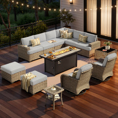 XIZZI 13-Piece Outdoor Patio Furniture Sets with Fire Pit Table Swivel Rocking Chairs, Wicker Outdoor Sectional Conversation Sets with Ottoman & Solar Coffee Table for Large Villa Manor, Light Gray