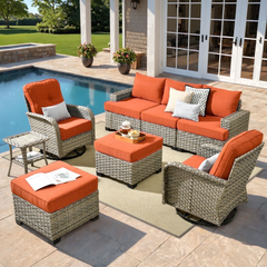 XIZZI 8-Piece Outdoor Patio Sectional Furniture Sets, Wicker Patio furniture with Swivel Chairs Orange Red