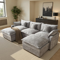 XIZZI 107.9" U-Shaped Sectional Sofa with Double Ottomans, Deep Seat Cloud Couch with Chenille Fabric, Dual Thick Cushions and Solid Wood Frame for Living Room-Dark Gray