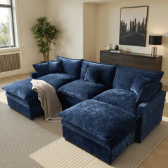 XIZZI 107.9" U-Shaped Sectional Sofa with Double Ottomans, Deep Seat Cloud Couch with Chenille Fabric, Dual Thick Cushions and Solid Wood Frame for Living Room-Dark Blue