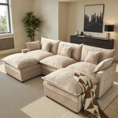 XIZZI 107.9" U-Shaped Sectional Sofa with Double Ottomans, Deep Seat Cloud Couch with Chenille Fabric, Dual Thick Cushions and Solid Wood Frame for Living Room-Oatmeal