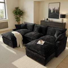 XIZZI 107.9" U-Shaped Sectional Sofa with Double Ottomans, Deep Seat Cloud Couch with Chenille Fabric, Dual Thick Cushions and Solid Wood Frame for Living Room-Black