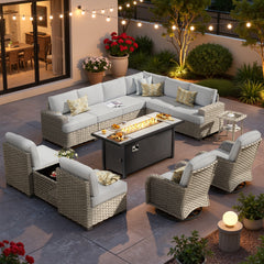 XIZZI 13-Piece Outdoor Furniture Patio Set with Fire Pit Table Swivel Rocking Chair, Light Gray