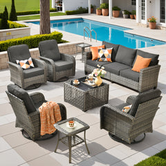 XIZZI 8-Piece Patio Furniture Set Outdoor Furniture with 4 Swivel Rocking Chairs, High-Back All-Weather Rattan Wicker Outdoor Conversation Set with Solar Light Coffee Table Black