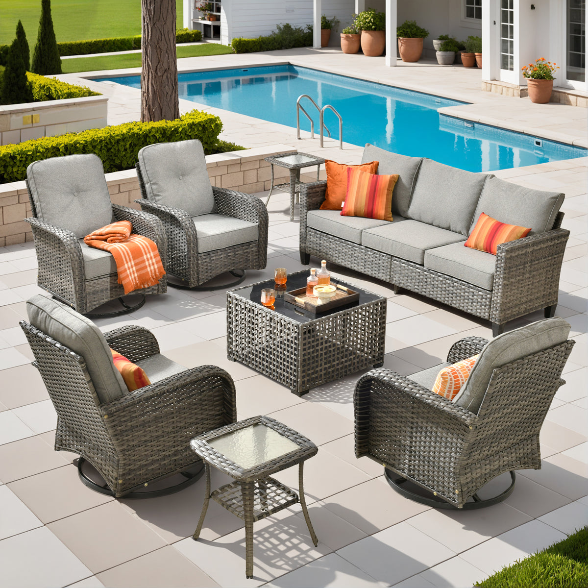 XIZZI 8-Piece Patio Furniture Set Outdoor Furniture with 4 Swivel Rocking Chairs, High-Back All-Weather Rattan Wicker Outdoor Conversation Set with Solar Light Coffee Table Dark Gray