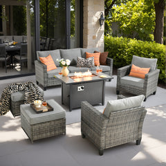 XIZZI Patio Furniture Set with Fire Pit And Ottoman, All-Weather Wicker Rattan Outdoor Conversation Set High Back Outdoor Furniture Sofa for Backyard, Dark Gray