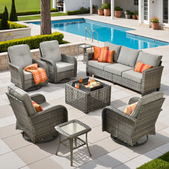 XIZZI 8-Piece Patio Furniture Set Outdoor Furniture with 4 Swivel Rocking Chairs, High-Back All-Weather Rattan Wicker Outdoor Conversation Set with Solar Light Coffee Table Dark Gray