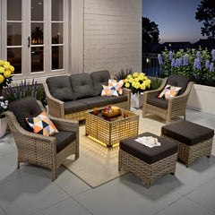 XIZZI 6 Pieces Outdoor Patio Rattan Wicker Furniture Sofa Set with Solar Coffee Table,Black